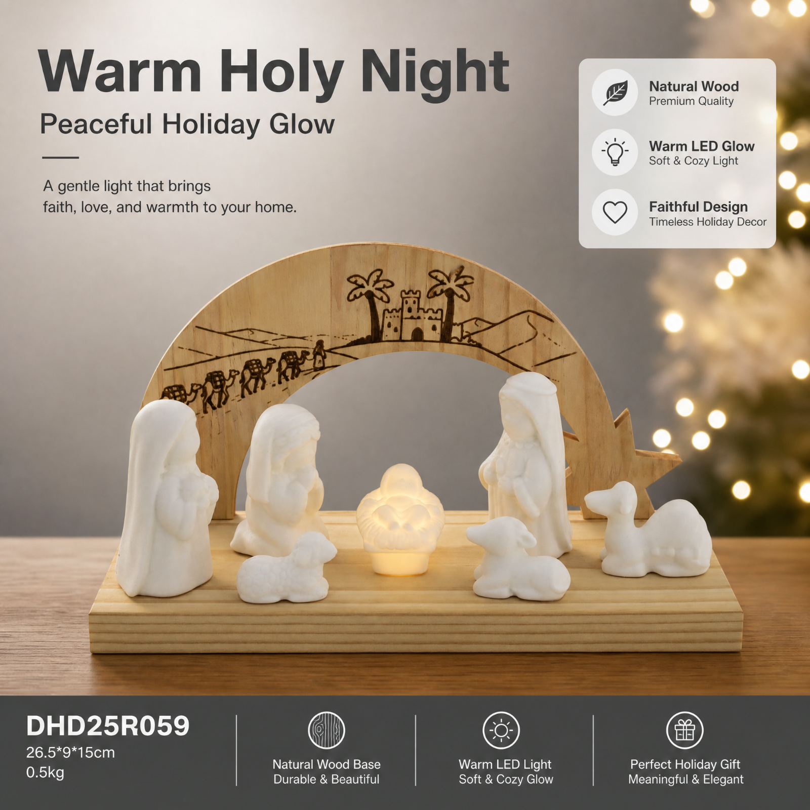 Wholesale Handmade Ceramic Nativity Scene Set with Wood Arch LED Manger Holy Family Camel Sheep Ox Christmas Table Decor Bulk